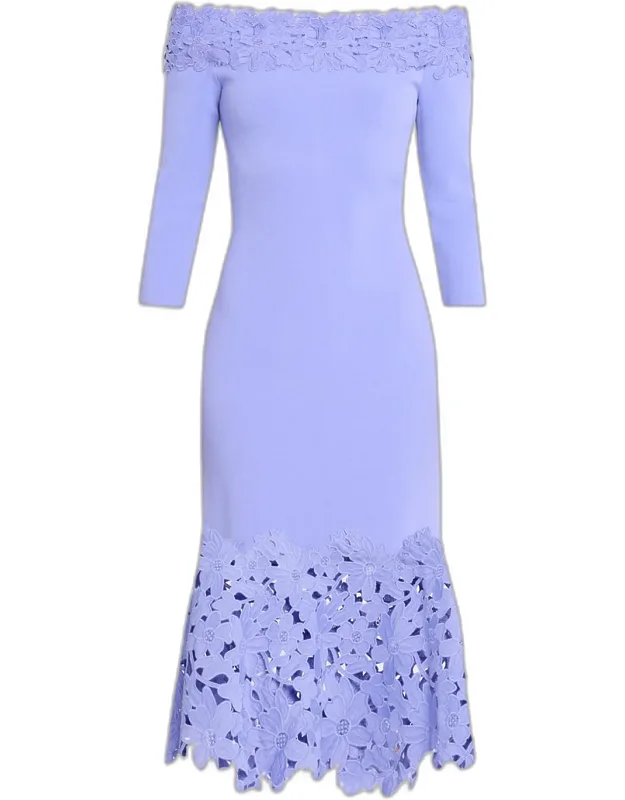 Off-shoulder Lace & Knit Midi Dress