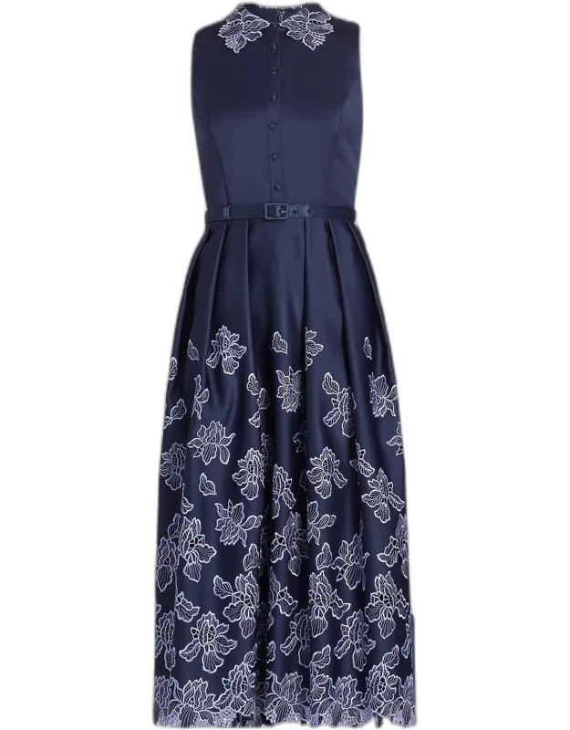 Pleated Floral-embroidered Midi Shirtdress
