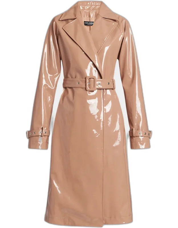 Coated Faux Leather Belted Trench Coat