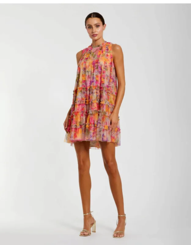 Multicolor Printed Sleeveless High Neck Ruffle Mini Dress