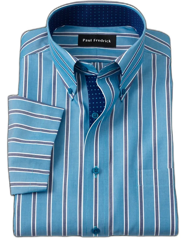 Non-iron Cotton Stripe Dress Shirt With Contrast Trim, Button Down Collar, Short Sleeve