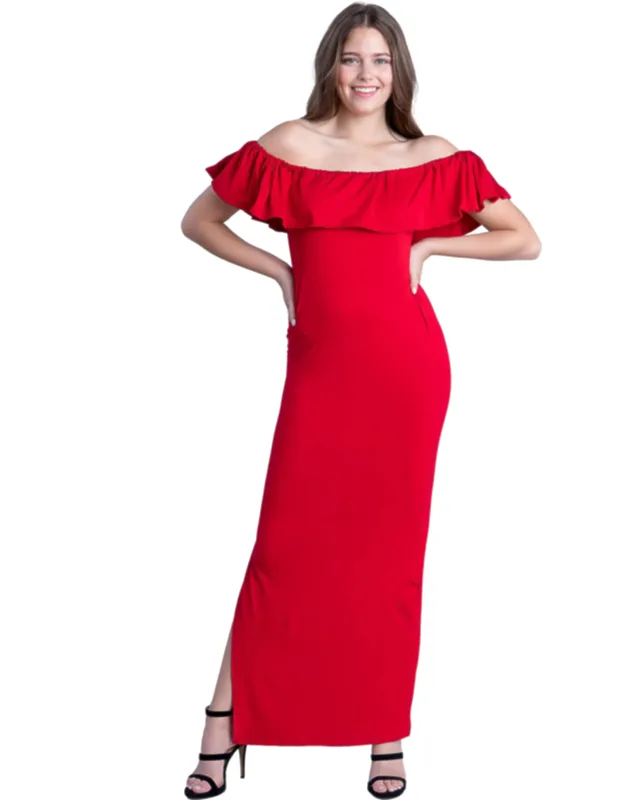 Off The Shoulder Ruffle Detail Side Slit Fitted Maxi Dress