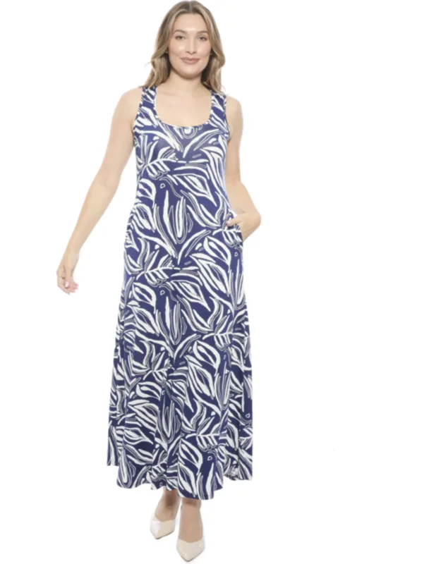Abstract Sleeveless Scoop Neck A Line Pocket Maxi Dress