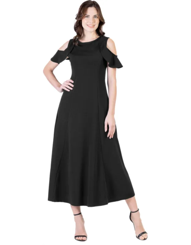 Ruffle Sleeve Cold Shoulder A Line Soft Flare Maxi Dress