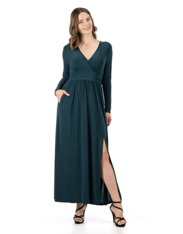Long Sleeve V Neck Pleated Empire Waist Side Slit Maxi Dress