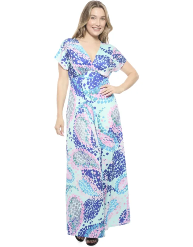 Mosaic V Neck Empire Waist Cap Sleeve Maxi Dress