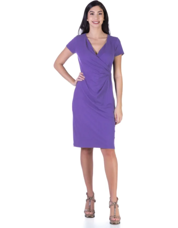 V Neck Short Sleeve Knee Length Faux Wrap Dress