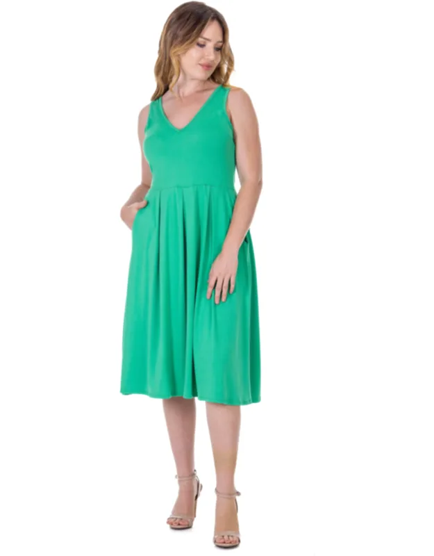V Neck Sleeveless Pleated Fit And Flare Pocket Midi Dress
