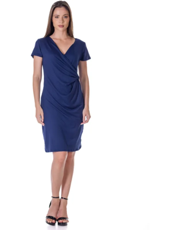 V Neck Short Sleeve Knee Length Faux Wrap Dress