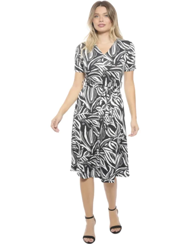 Abstract V Neck Short Sleeve A Line Midi Dress
