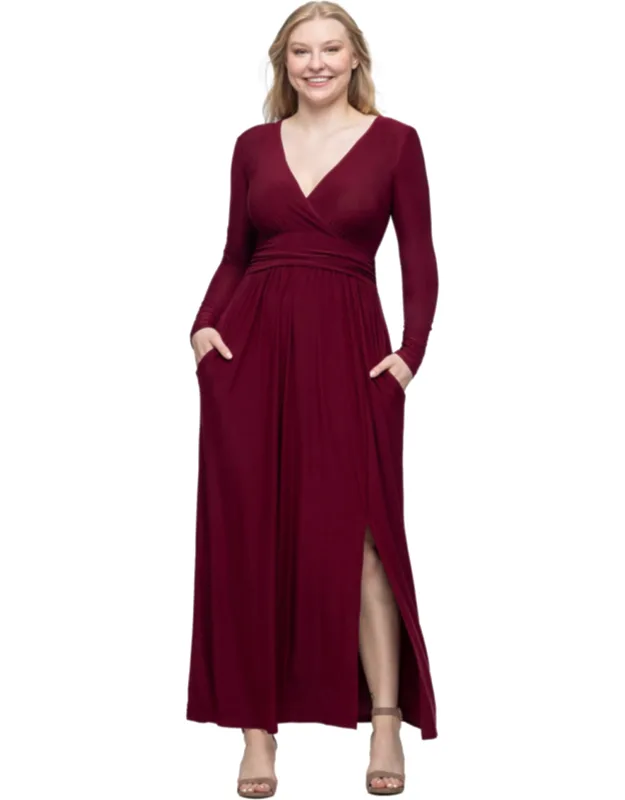 Long Sleeve V Neck Pleated Empire Waist Side Slit Maxi Dress