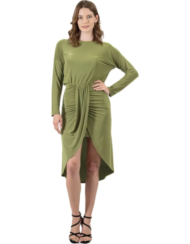 Round Neck Dolman Sleeve Knee Length Draped Tulip Skirt Dress