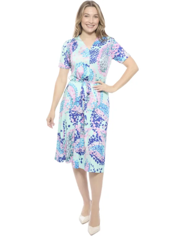 Mosaic V Neck Short Sleeve A Line Midi Dress