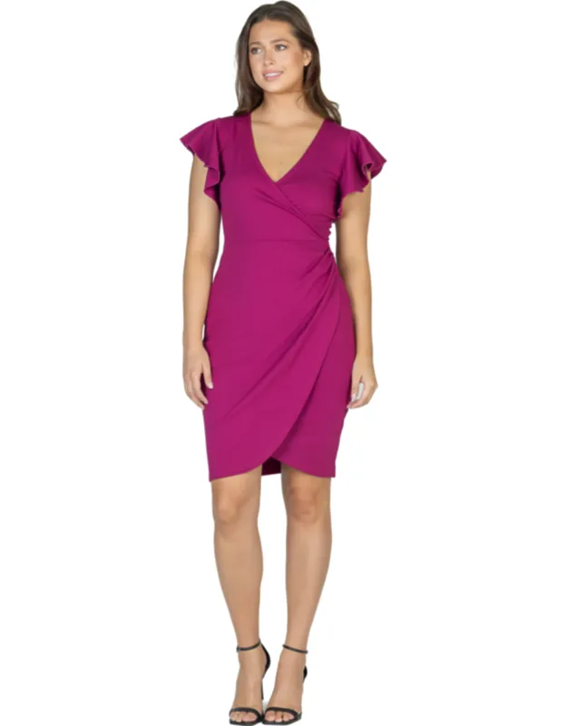 V Neck Ruffle Cap Sleeve Faux Wrap Tulip Hem Knee Length Dress