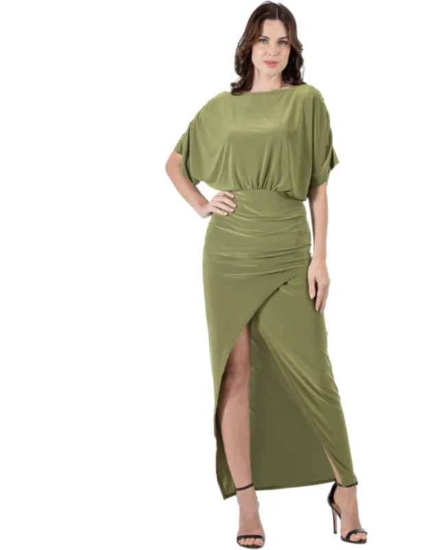 Boat Neck Batwing Sleeve Bodycon Front Slit Maxi Dress