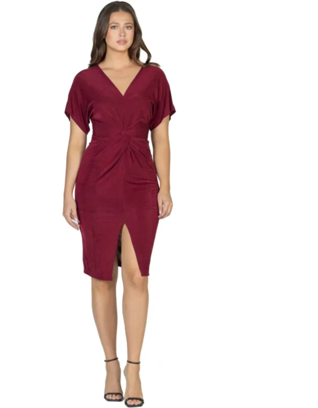 Short Sleeve V Neck Twist Front Split Hem Knee Length Dress