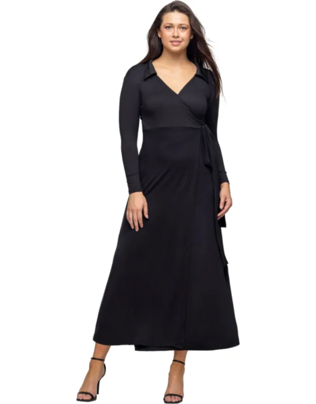 V Neck Long Sleeve Collared Wrap A Line Maxi Dress