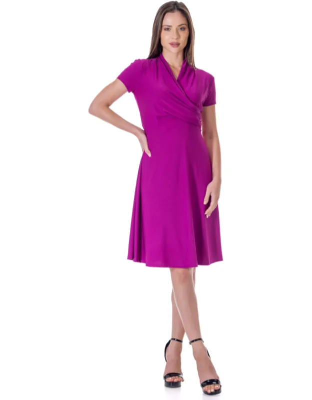 V Neck Short Sleeve Ruched Bust Knee Length Faux Wrap A Line Dress