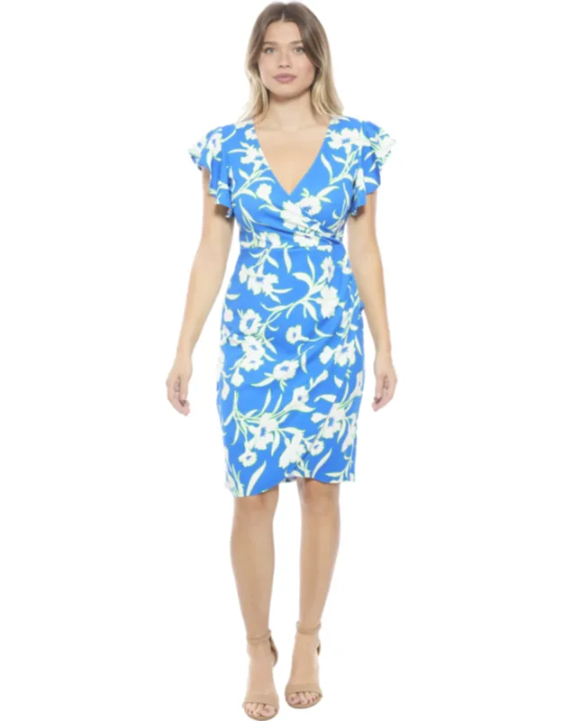 Floral Flutter Sleeve Faux Wrap Knee Length Dress