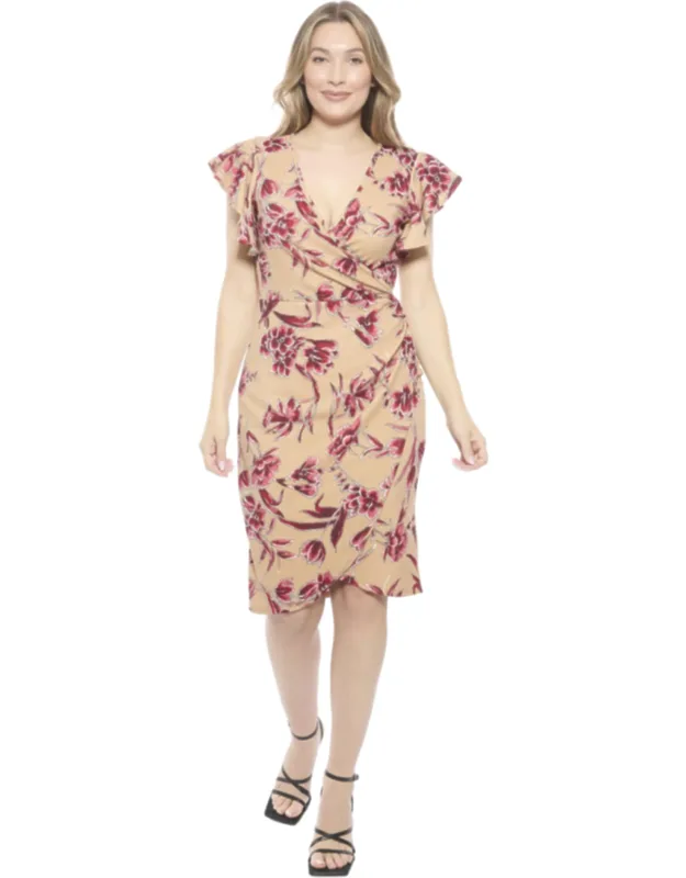 Floral Flutter Sleeve Faux Wrap Knee Length Dress
