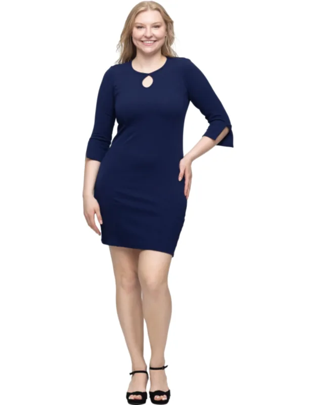 Keyhole Detail Three Quarter Split Sleeve Mini Sheath Dress
