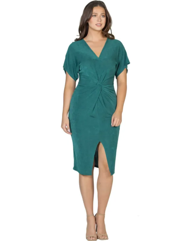 Short Sleeve V Neck Twist Front Split Hem Knee Length Dress