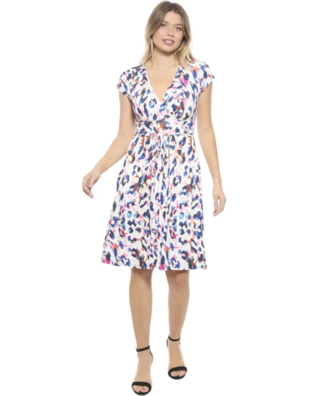 Animal V Neck Cap Sleeve Knee Length A Line Pocket Dress