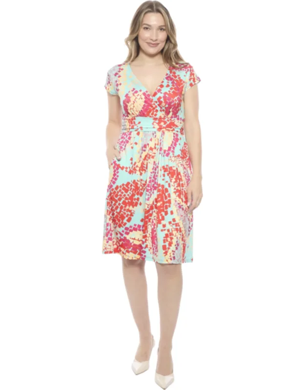 Mosaic V Neck Cap Sleeve Knee Length A Line Pocket Dress