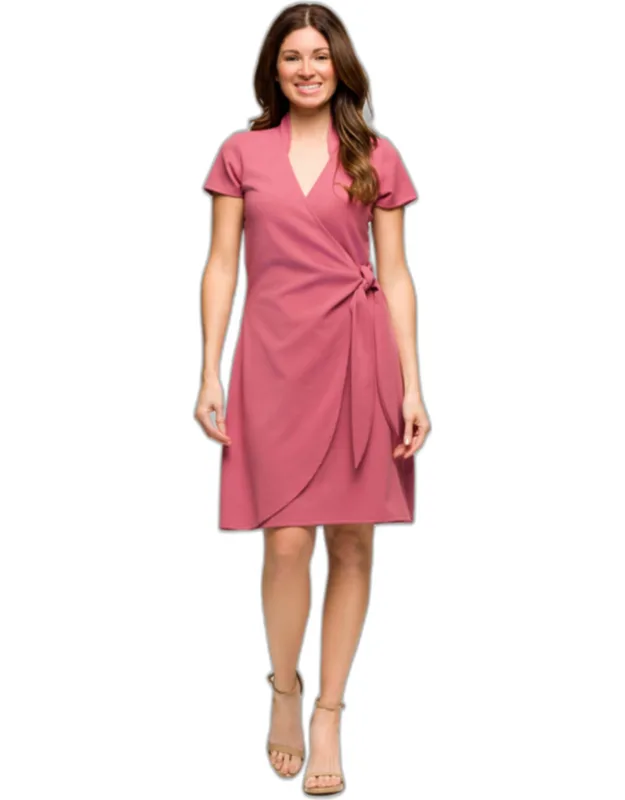 Cap Sleeve V Neck Mandarin Collar Knee Length Side Tie A Line Wrap Dress