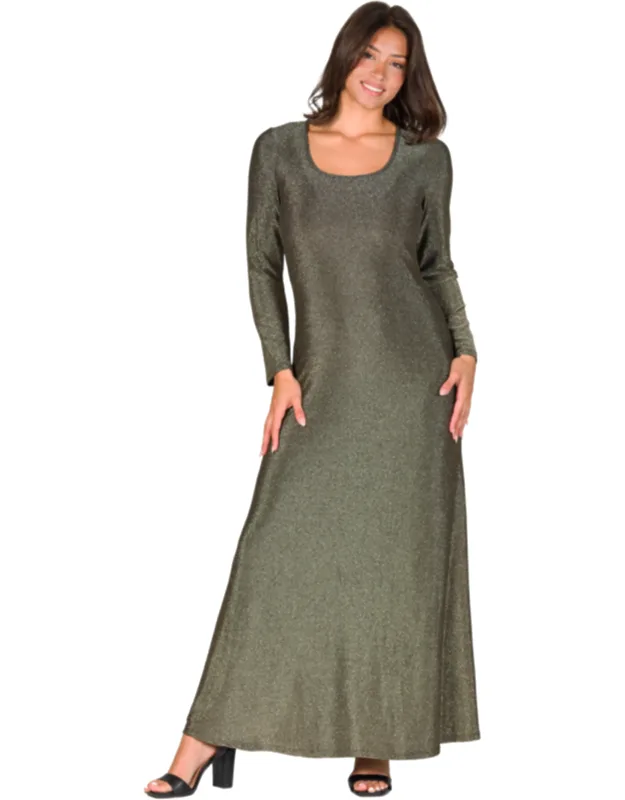 Scoop Neck Long Sleeve Shimmery Metallic A Line Maxi Dress