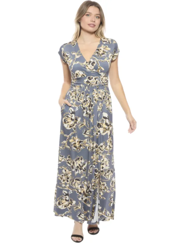 Floral V Neck Cap Sleeve Side Slit Pocket Maxi Dress