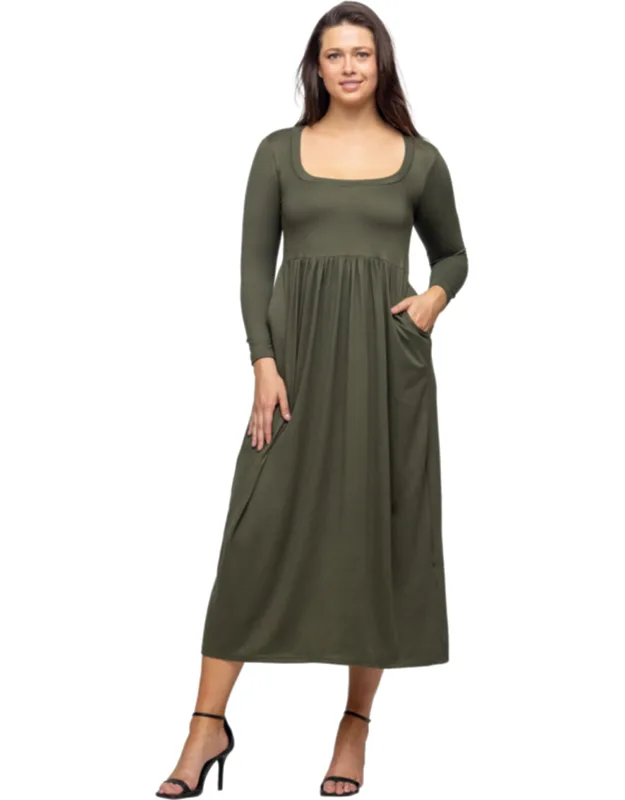 Square Neck Long Sleeve Pleated Empire Waist Pocket Maxi Dress
