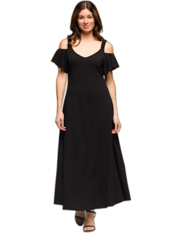 Soft V Neck Cold Shoulder Ruffle Sleeve Wide A Line Maxi Dress