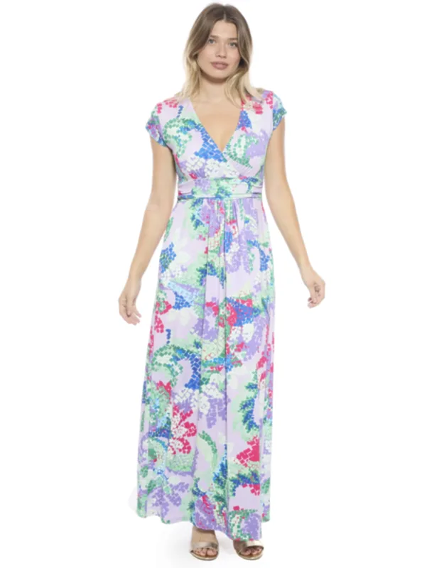 Abstract V Neck Cap Sleeve Side Slit Pocket A Line Maxi Dress