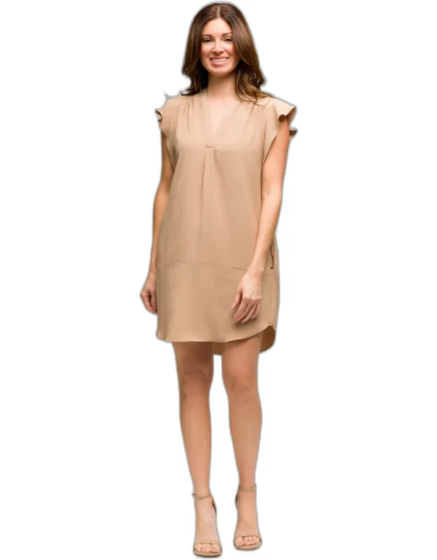V Neck Cap Sleeve Round Hem Mini Pocket Shift Dress