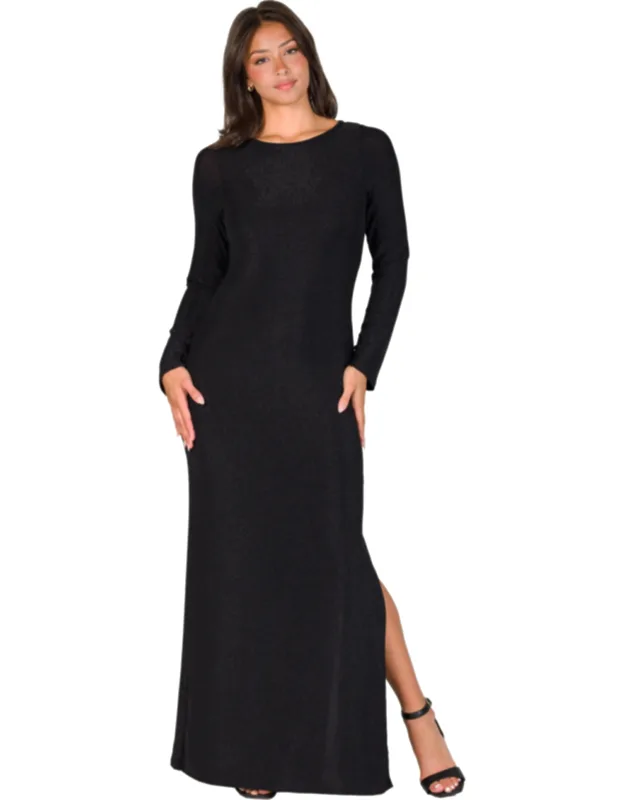 Round Neck Long Sleeve Bodycon Shimmery Fabric Side Slit A Line Maxi Dress