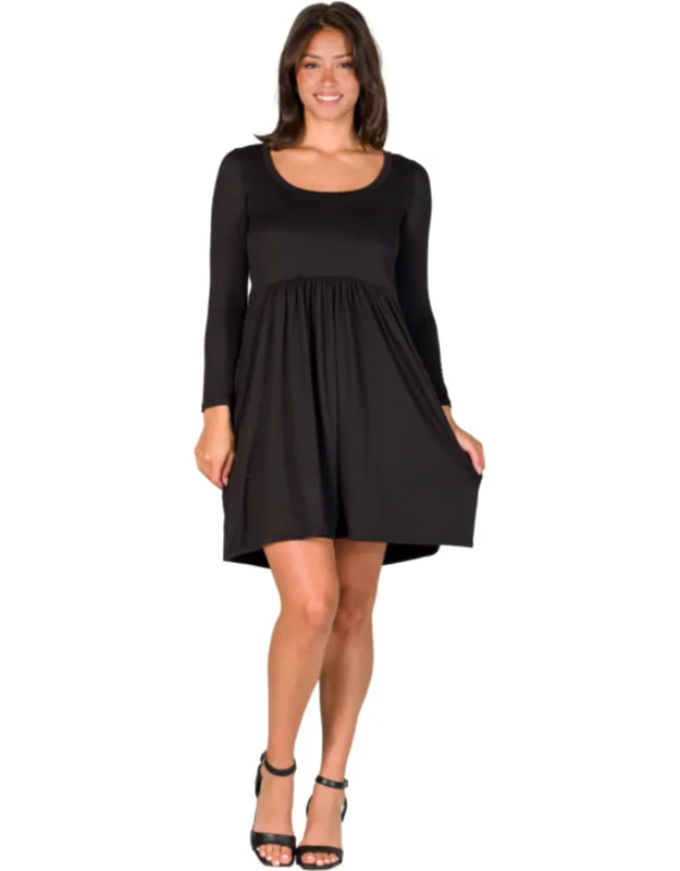 Scoop Neck Long Sleeve Pleated Empire Waist A Line Babydoll Knee Length Dress