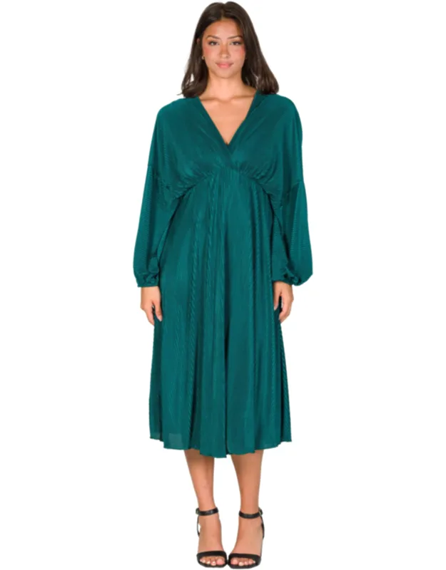 V Neck Bishop Sleeve Empire Waist A Line Shimmery Accordion Midi Dress