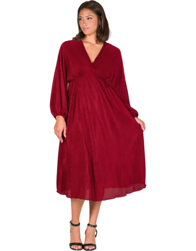 V Neck Bishop Sleeve Empire Waist A Line Shimmery Accordion Midi Dress