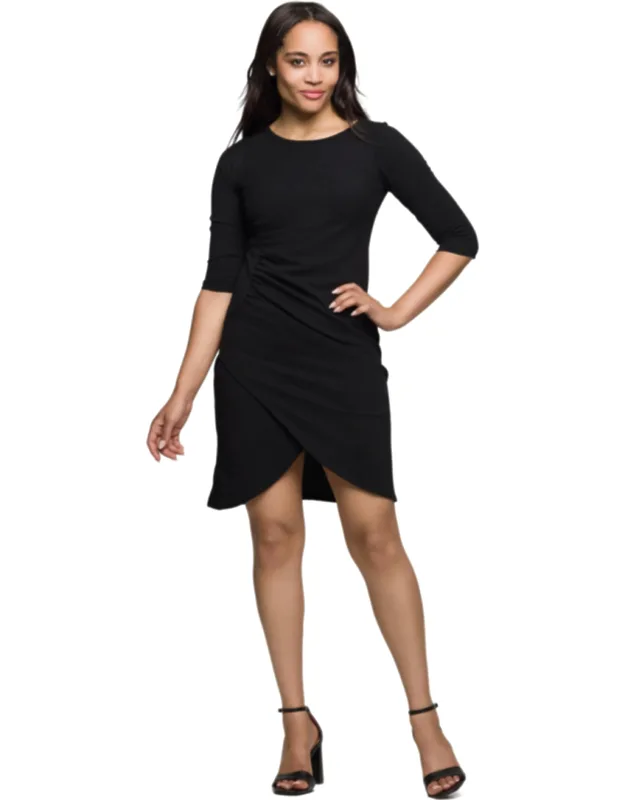 Round Neck Three Quarter Sleeve Ruched Faux Wrap Tulip Hem Mini Dress