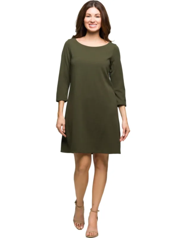 Wide Round Neck Three Quarter Sleeve Knee Length A Line Shift Dress