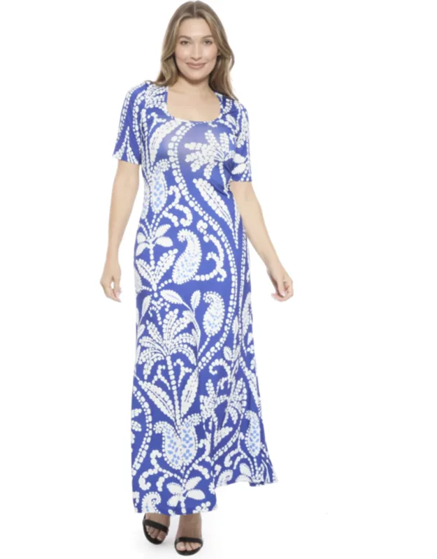 Floral Scoop Neck Elbow Sleeve A Line Maxi Dress