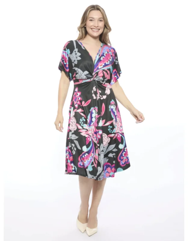 Paisley V Neck Short Dolman Sleeve Twist Front A Line Midi Dress