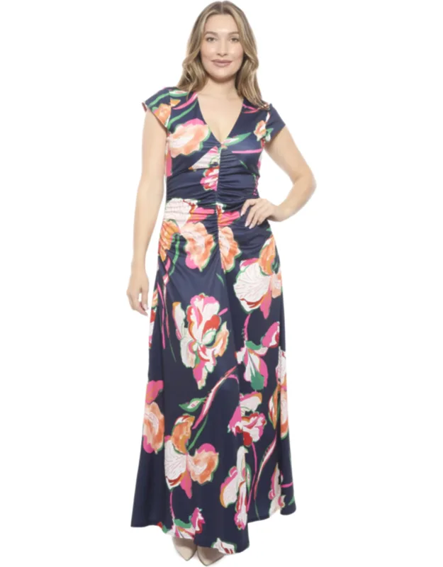 Floral V Neck Cap Sleeve Ruched Front Maxi Dress