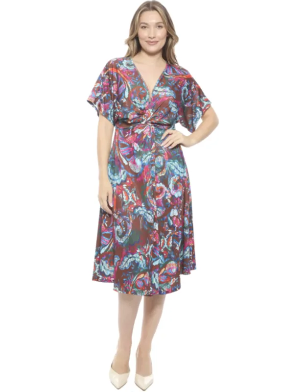 Abstract V Neck Dolman Sleeve Twist Front A Line Midi Dress