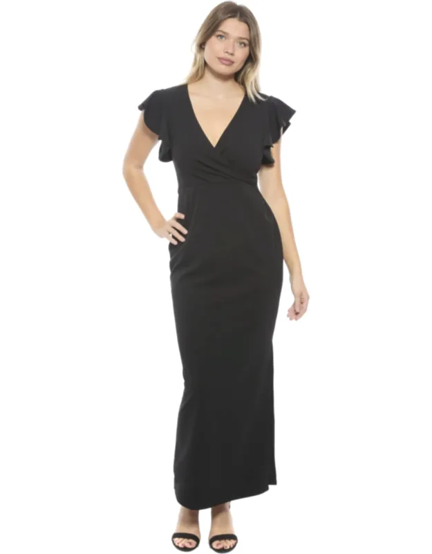 Solid V-neck Tulip Hem Ruffle Sleeve Faux Wrap Maxi Dress