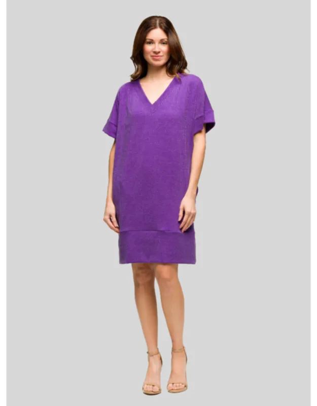 Ribbed Knit V Neck Short Dolman Sleeve Knee Length Pocket T Shirt Dress