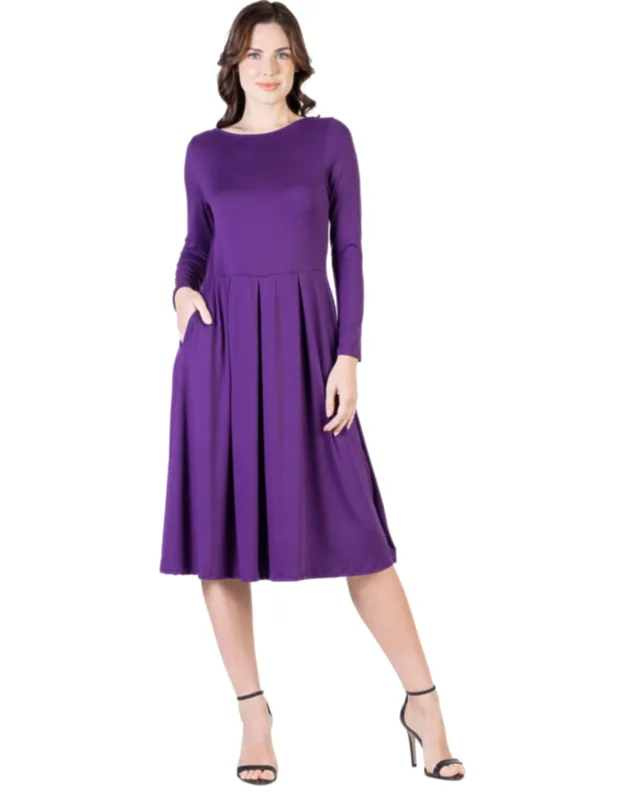 Petite Round Neck Long Sleeve Pleated Fit And Flare Pocket Midi Dress