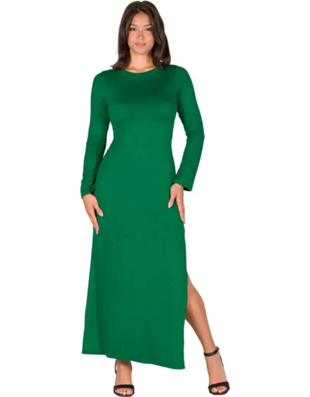 Petite Boat Neck Long Sleeve Side Slit Fitted Maxi Dress