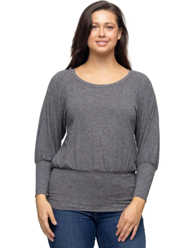 Round Neck Long Blouson Sleeve Banded Bottom Top